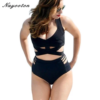 

2019 Bathing Suit Two piece Swimsuit Plus Size Women Black Cut Out High Waist Push-Up Padded Swimwear Bikini QHK1603