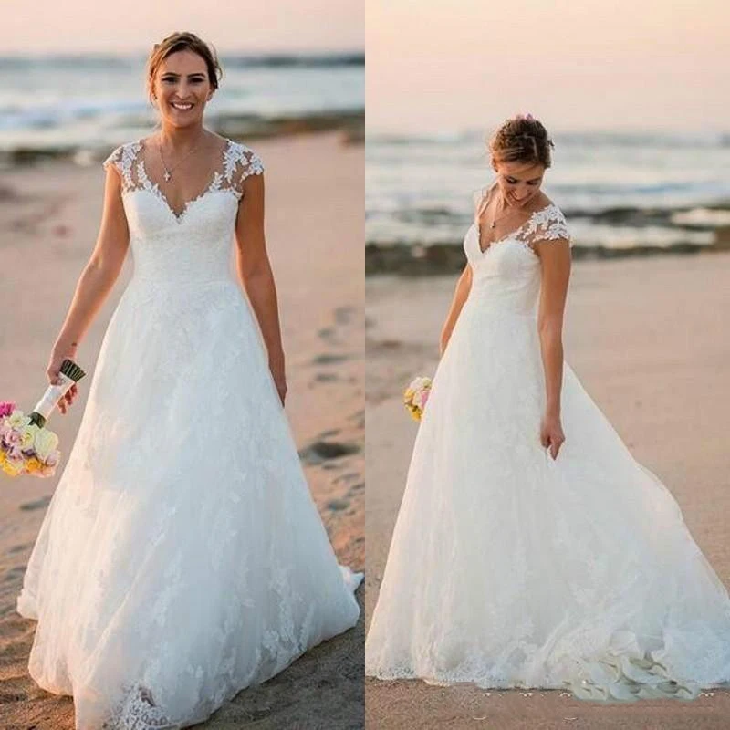 

2019 Stunning Beach Lace Wedding Dresses V-Neck Cap Sleeve Spring Applique Plus Size Outdoor Bridal Gown For Bride Custom