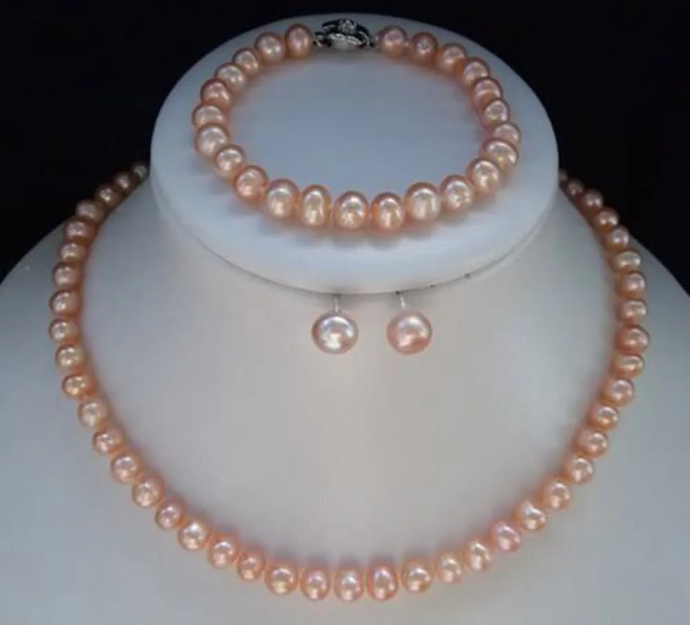 

Wholesale price 16new ^^^^ Natural Pearls 7-8mm Pink Akoya Pearl Necklace Bracelet Earring Jewelry Sets