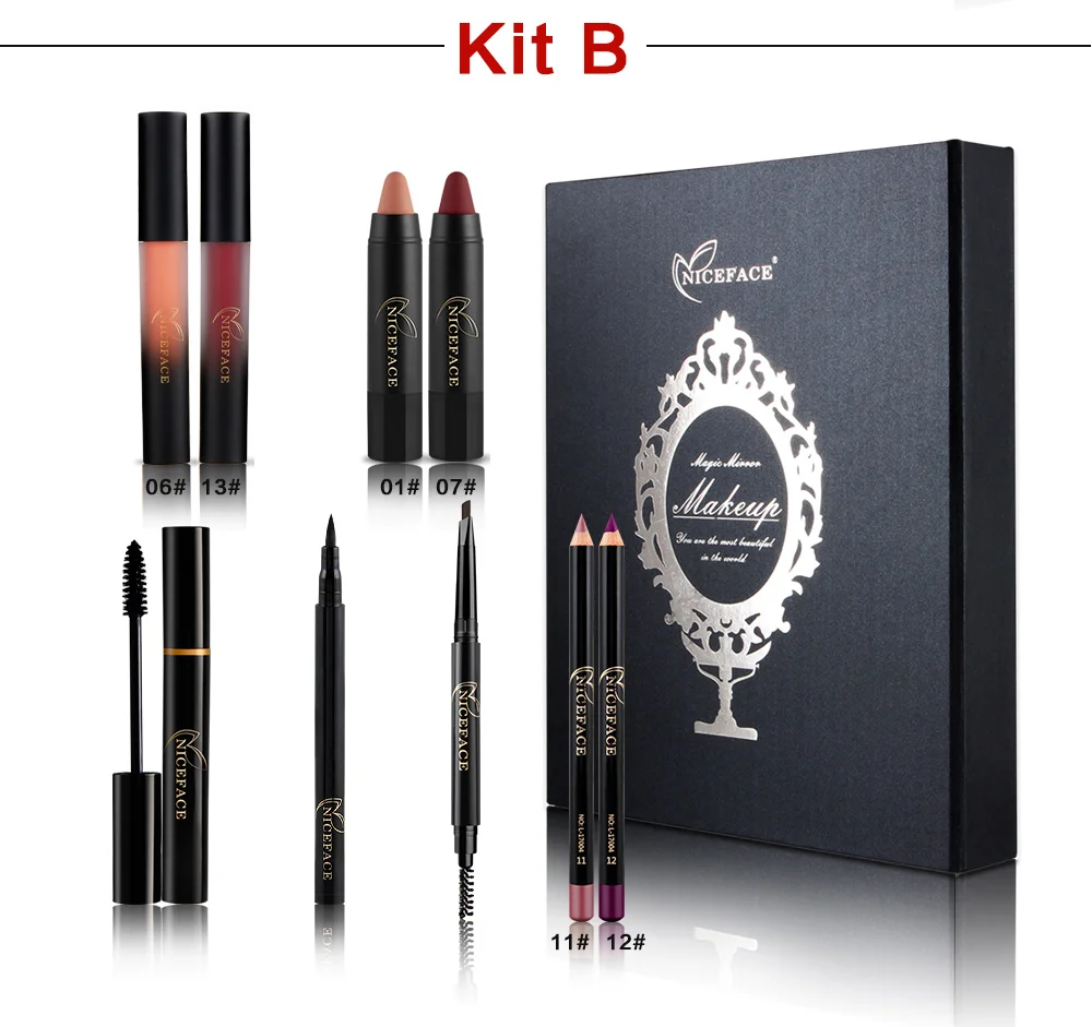Magic Mirror Makeup Kit Eyelashes mascara + eyeliner + Eyebrow pencil + Lip liner + Liquid lipstick Long Lasting Brand Make Up (13)