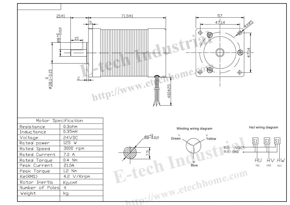 3 фазы 24V 57 с бесщеточным двигателем постоянного тока мотор 125W 3000 об/мин 0.4N.m(55.6oz) квадратный корпус фланца