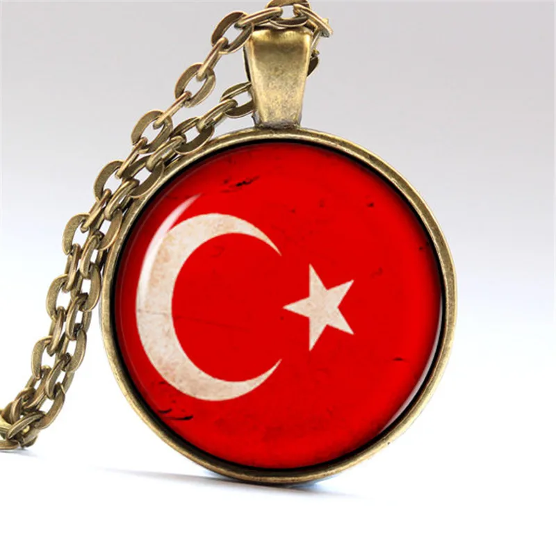 

Diy Jewelry Cabochons Resine Necklace Photo Turkey Flag Glass Dome Pendant Silver & Bronze Chain Necklaces