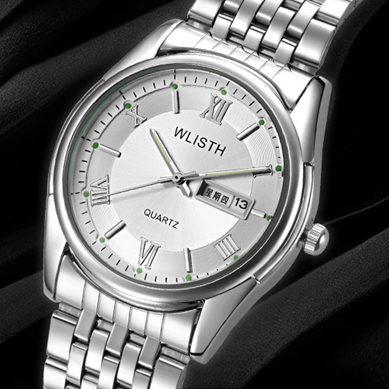 

Relogio Masculino Double Calendar Watches Men Quartz Watch Steel Bracelet Luminous Table Top Brand Luxury Male Watch Waterproof