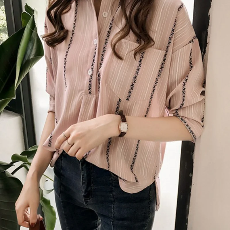 Women Plus Size Pullover Loose Blouse Striped Lapel Collar Seven Point Sleeve Solid Single Buckle Autumn Loose Casual Shirt 3
