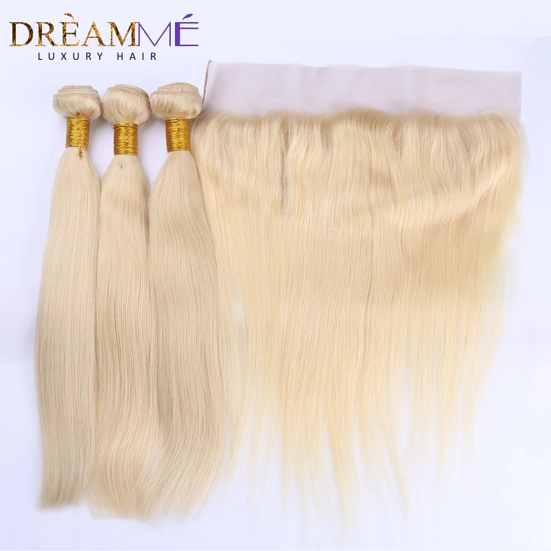 

Brazilian Straight Human Hair 3 Bundles With 13x4 Lace Frontal Non Remy Hair #613 Blonde Extensions Dreaming Queen Hair