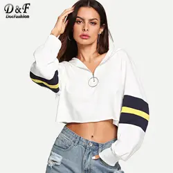 Dotfashion белый цветной блок полосатый o-ring Zip Hoodie Crop свитшоты Женские повседневные весенние епископские рукава Одежда Женская толстовка