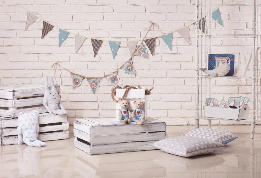Laeacco Wooden Box Toy Bolster Brick Wall Flags Interior Scenic Photography Backgrounds Photographic Backdrops For Photo