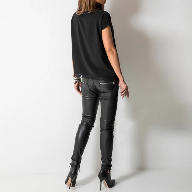 XL Women's Shirt 2019 Summer Sexy V-Neck Tops Women Casual Black Lace Patchwork Blouse Harajuku Tops Femme Blusas Shirt And Tops