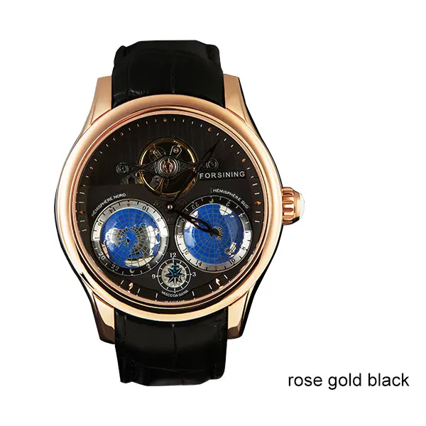 FORSINING Лидирующий бренд деловые часы для мужчин 30 м водонепроницаемый турбийон автоматические наручные часы 3D земля циферблат кожаный ремешок - Цвет: Rose Gold Black