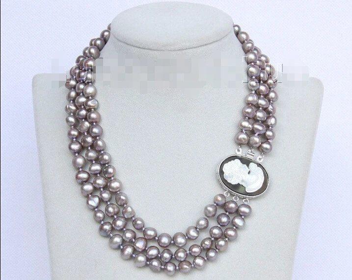 

shipping Baroque 16"-18" 3row 9mm dark gray pearls necklace seashell clasp j10085