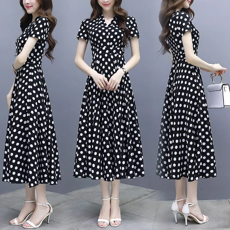 

Office Lady Summer Dress Korean Fashion Women Short Sleeve Sexy V-neck Black Polka Dot Dresses M-4XL