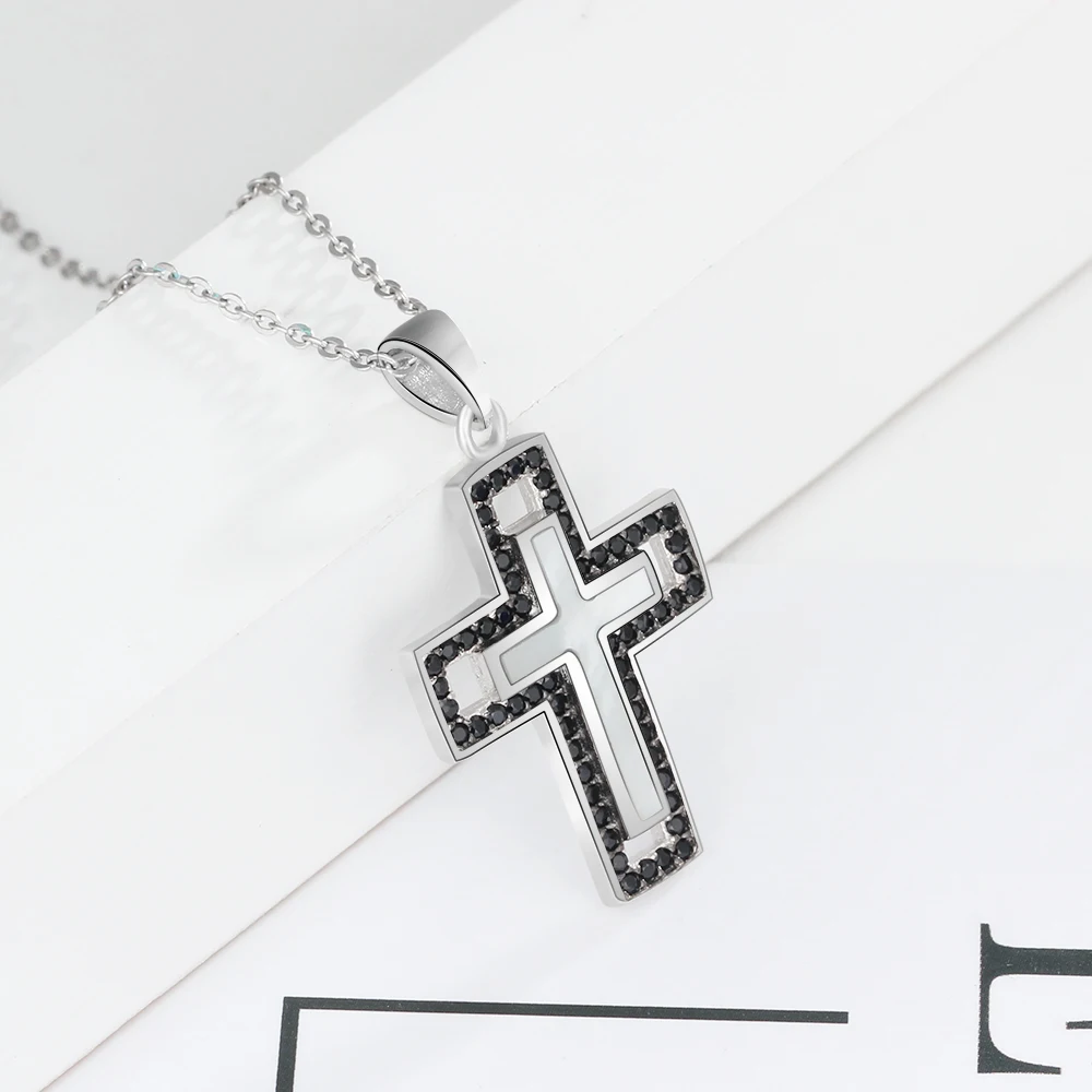925 Silver Necklace Female For Women Cross Pearl Oysters Pendants Cubic Zirconia Jewelry Christian (Jewelora NE102575)