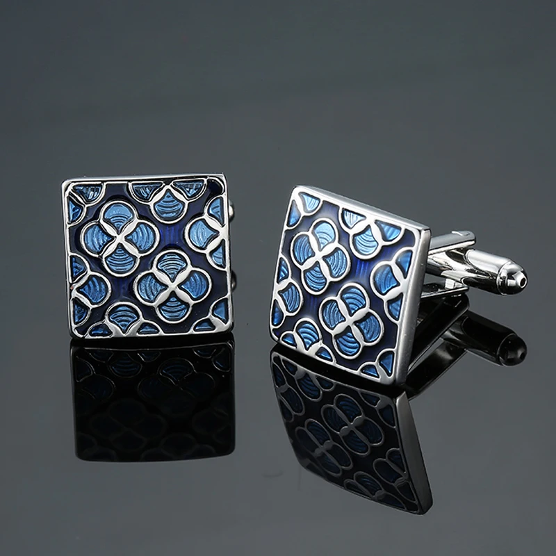 DY New high end brand of high quality Enamel square blue flowers Cufflinks fashion Men's French