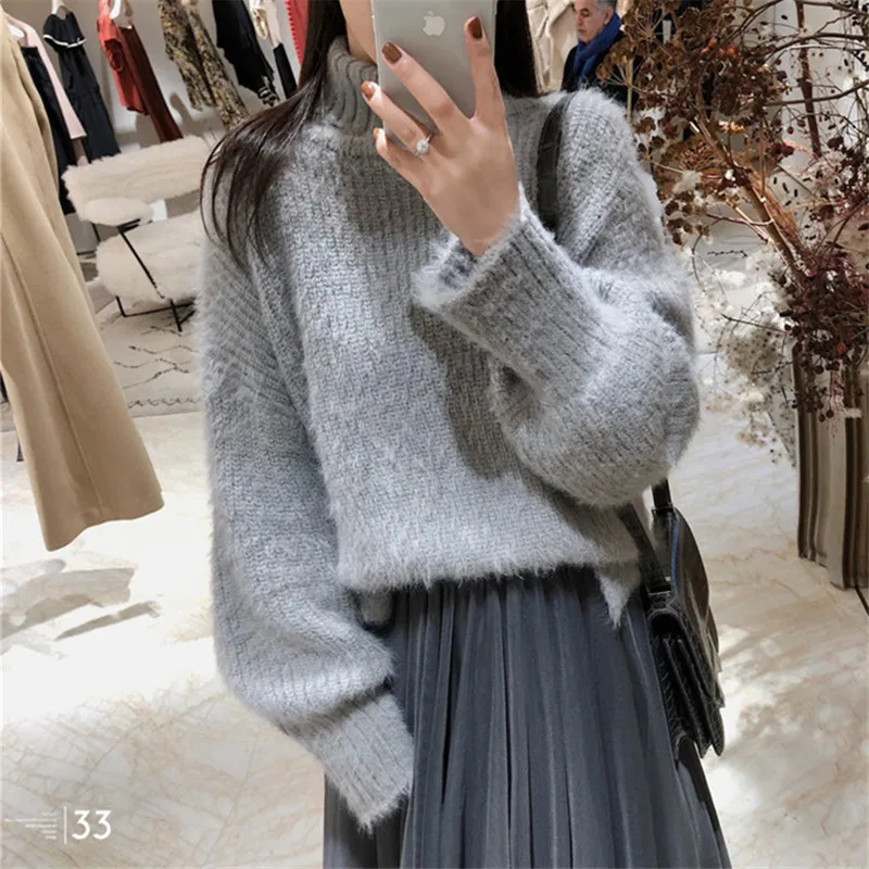 Women Turtleneck Sweater Oversize Lantern Sleeve Fluffy Faux Fur Knitted Jumper Winter Autumn Warm Pullover Female Sweaters