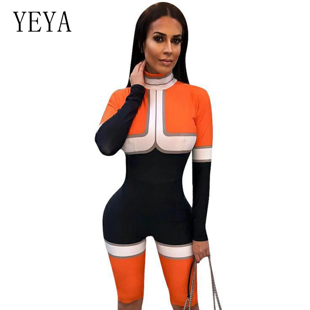

YEYA Color Block Rompers Womens Jumpsuit Long Sleeve Bodysuits Back Zipper Casual Skinny Women Playsuit Sexy Party Club Overalls