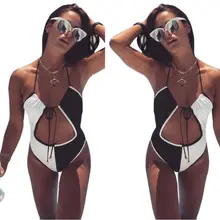 Для женщин черный, белый цвет лоскутное Купальники для малышек Одна деталь выдалбливают Холтер Бикини Пляж Купальник Монокини Бикини ванный комплект