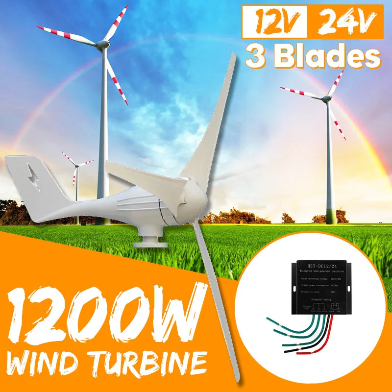 

1200W 12V 24V 3 Blades Horizontal Wind Turbines Generator + Wind Controller Gift Fit for Home lights Or Boat