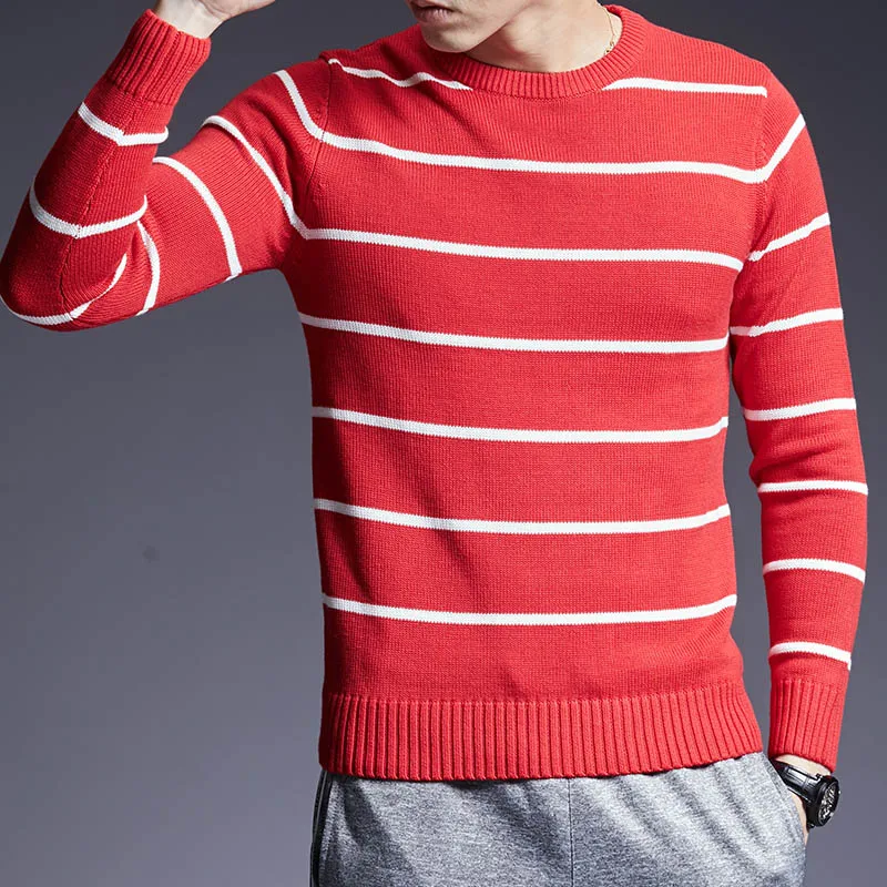 Новинка, модные брендовые свитера, мужские пуловеры, теплые облегающие вязаные Джемперы в полоску, осенняя повседневная одежда в Корейском стиле для мужчин - Цвет: Красный