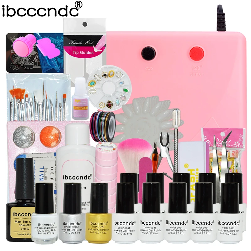 

10 Pcs 7ml UV Gel Nail Polish Set Nail Art Tools Brushes Glitter Varnish Manicure Kit + 36W UV Lamp Mirror Powder Nail Template