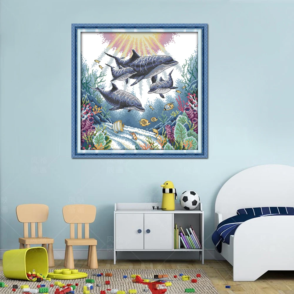 Joy Sunday Дельфин глубоководный вышивка крестиком D632 14CT 11CT штампованный и