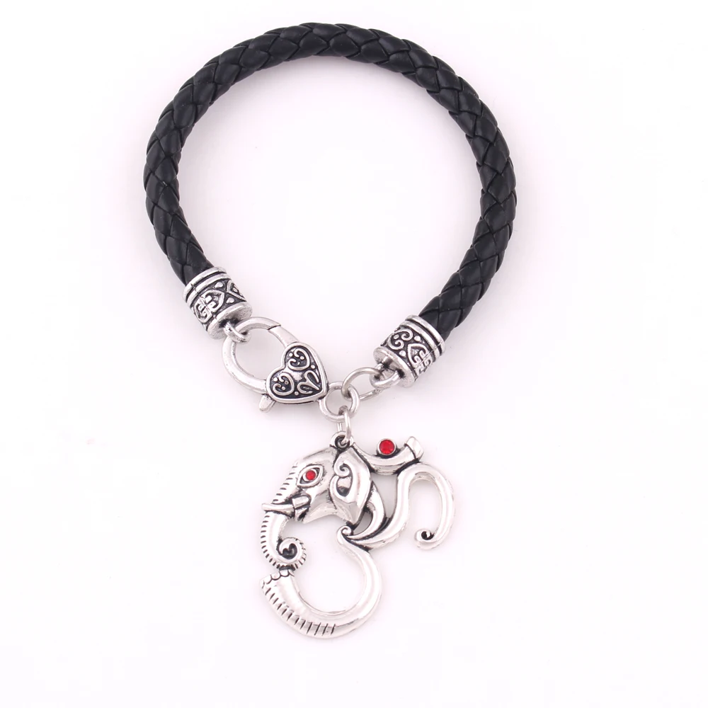 

New Design OM Hindu Ganesh Elephant Pendant India Religious Amulet Leather Bracelet