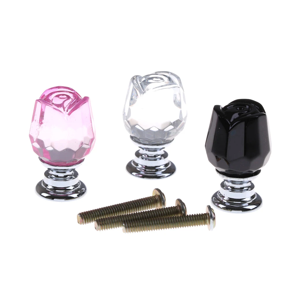 1PC Hot sale Glass Crystal Rose Pull Handle Cupboard Cabinet Drawer Door Furniture Knob 20x33mm