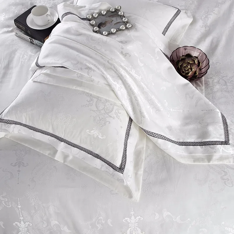 6 шт., Белый Жаккардовый Комплект постельного белья, роскошное сатиновое одеяло с вышивкой/пододеяльник, постельное белье, постельное белье, простыня, хлопок, домашний текстиль