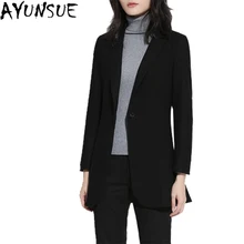 AYUNSUE/Новинка года; весенние женские блейзеры и куртки на одной пуговице; длинный тонкий шерстяной черный офисный Блейзер; Feminino; высокое качество; LX1408