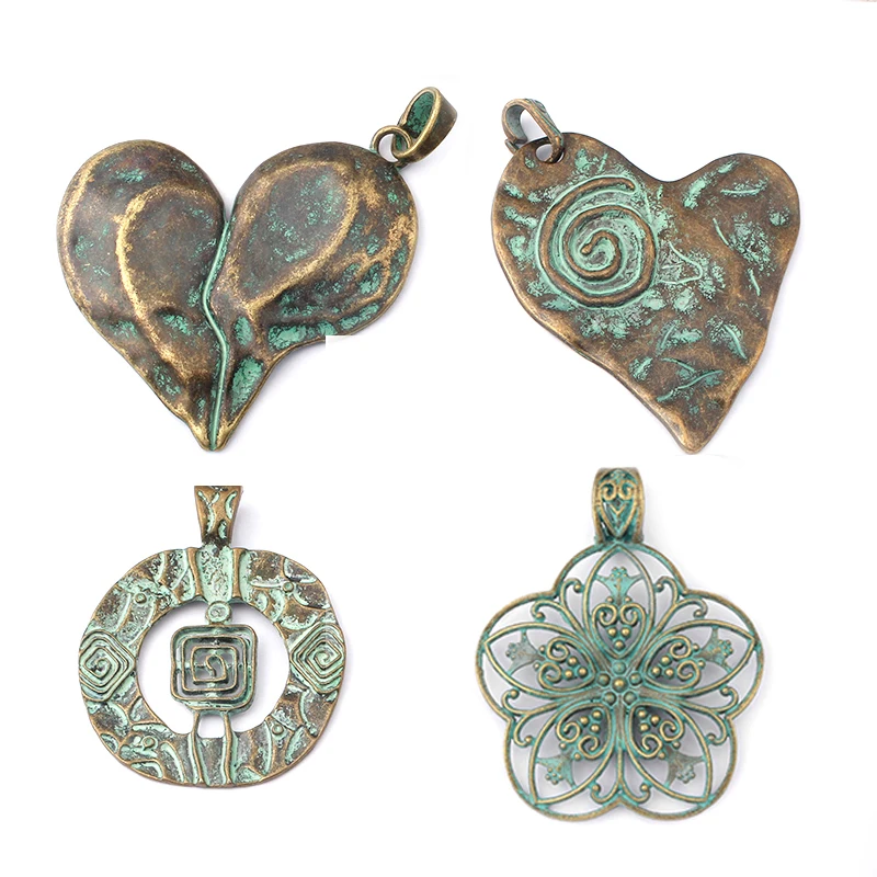 

2pcs Verdigris Patina Antique Greek Bronze Large Heart Swirl Spiral Flower Charms Pendant For Necklace Jewelry Findings