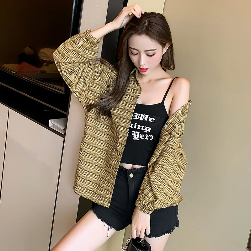 2019 Autumn New Women's Shirt Korean Fashion Classic Plaid Design Split Loose Women Long Sleeve Shirts Blouse 80s90s Casual