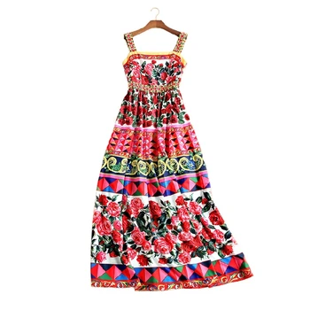 

New 2017 spring summer brand sicily rose patterns print women diamonds beading vintage long dress sleeveless bohemian dresses