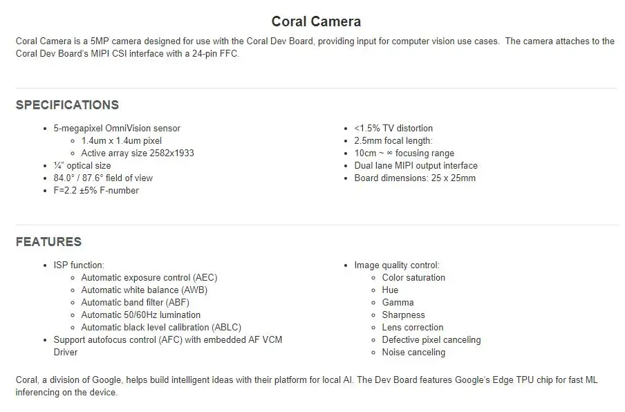 Coral-Camera INFO
