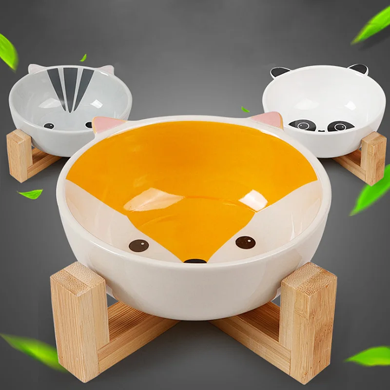 

Dog Cat Bowl Pet Dining Table Cat Feeder Cartoon Ceramic Bowl with Wooden Stand for pet feeding and drinking