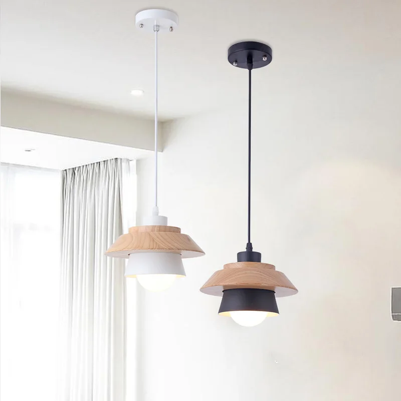 Nordic Contracted Decor Pendant Lights Suspension Luminaire, E27 Iron+Wood Pendant Lamp Modern Light Fixtures Black White