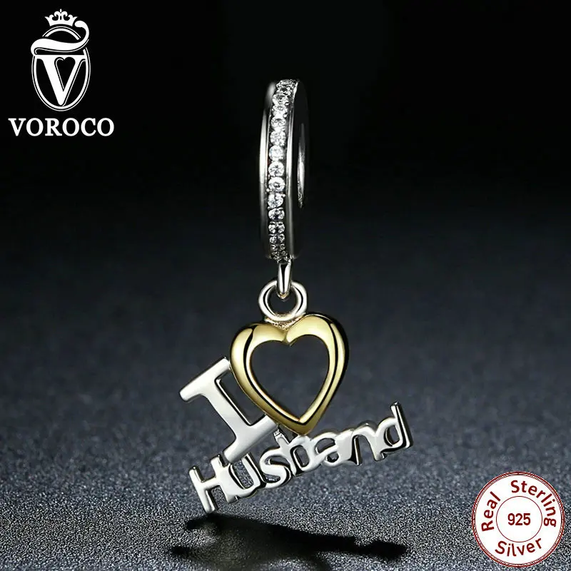 VOROCO Romantic 925 Sterling Silver I Love Husband Heart Pendants fit Pandora Charms Bracelets Gift Lover