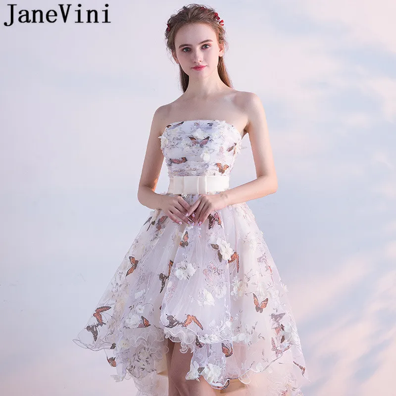 JaneVini Бабочка 3D Цветы Цветочные Hi-Lo платья для выпускного вечера короткое спереди длинное сзади без бретелек платья подружки невесты Свадебная вечеринка