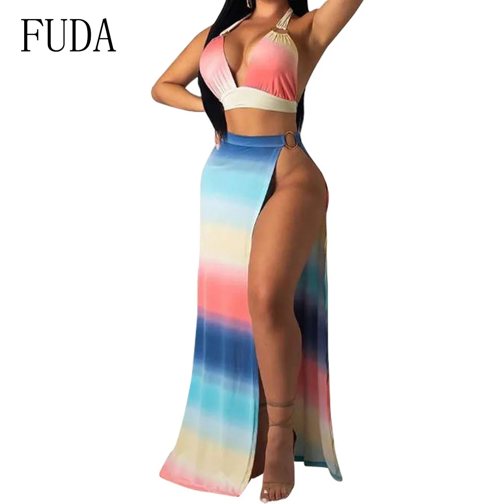 

FUDA Sexy Deep V Neck Halter Top and High Split Maxi Dress Women Elegant Backless Off Shoulder Vintage Dress Summer Beach Wear