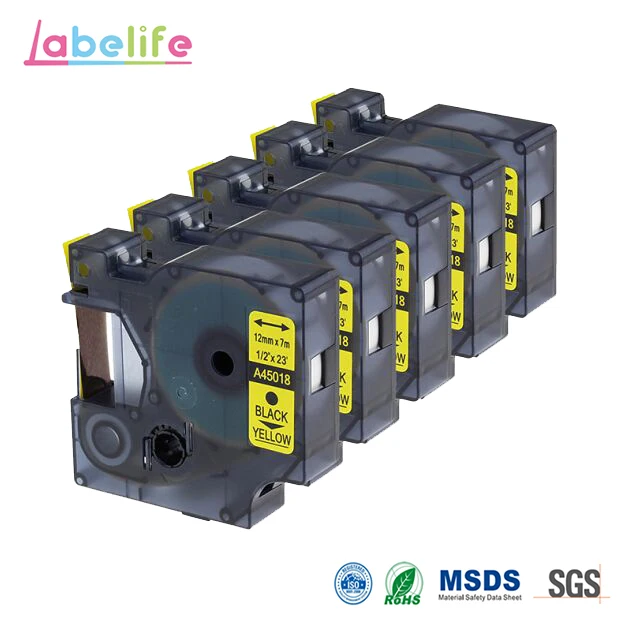 Labelife 5 упаковок 45018 стандартных лент этикеток D1, совместимых с DYMO D1 LabelManager 12 мм* 7 м, черный на желтом