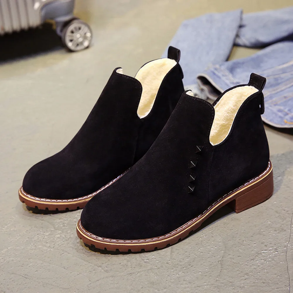 

2019 new winter shoes women Fashion Women Rivets Flat Shoes Boot Suede Slip-On Boots Round Toe Shoes