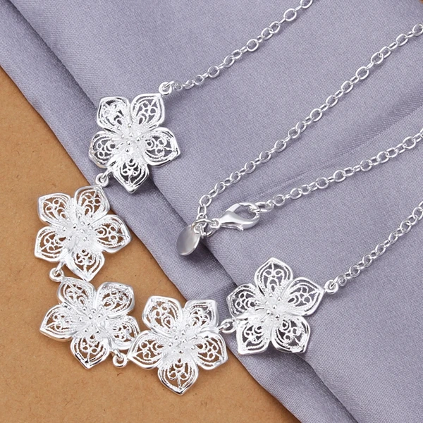 

Vintage 925 silver fashoin jewelry five hollow big flower charms pendant necklace for women gift Chokers jewelry