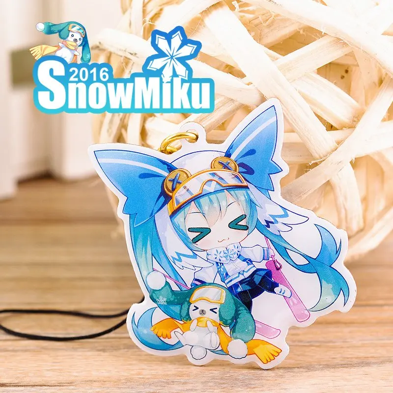 

2016 Snow Miku Hastune Miku Double Side Printing 2 Face Cute Anime Character Metal Badge Hanging Phone Strap Chain Gift