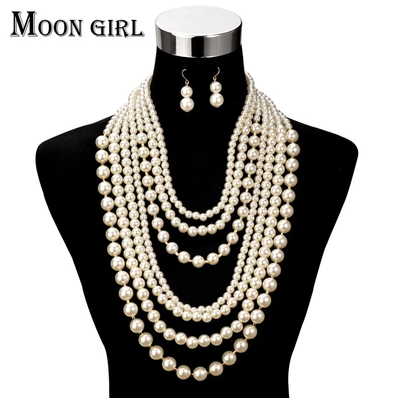 Moon Girl модные жемчужные украшения дисплей чокер большое эффектное ожерелье многослойное имитация жемчуга длинное ожерелье женщин аксессуары
