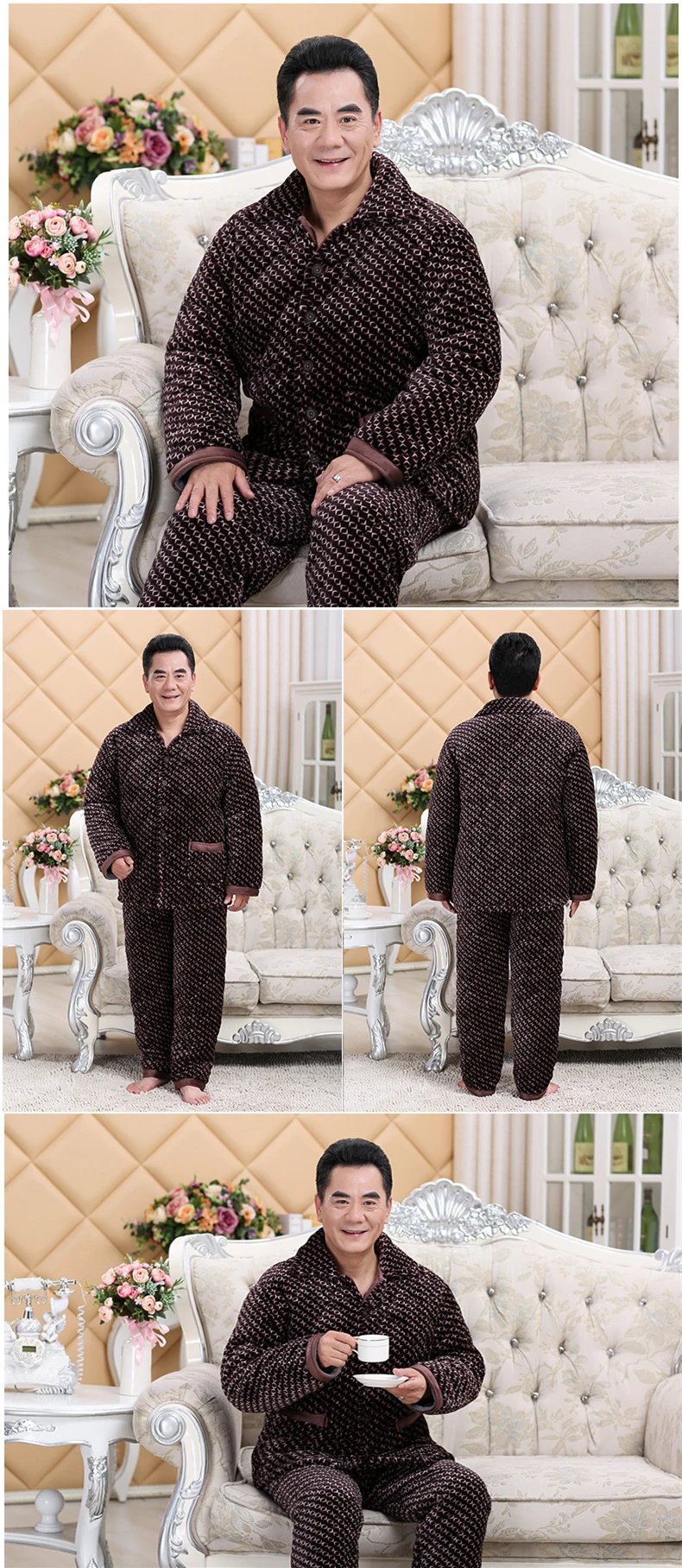 Men Winter Pajamas Suits Thick Warm Flannel Clothing Loose Leisure Pajama Wearing At Home Button Night Wear Clothes Men Nighty JW312