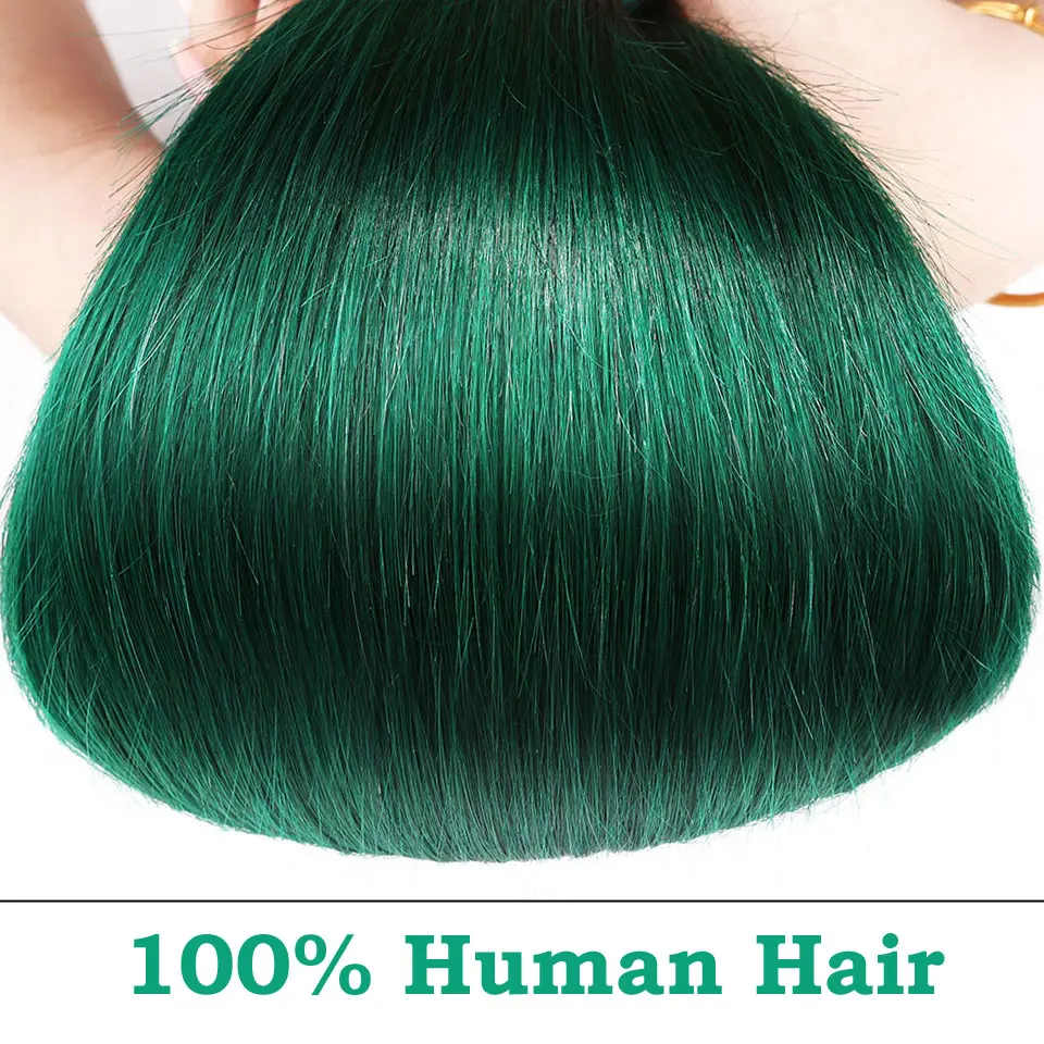 Зеленые пучки волос "омбре" с закрытием beauty Plus Non Remy Предварительно цветные бирюзовые прямые человеческие волосы переплетение и закрытие шнурка