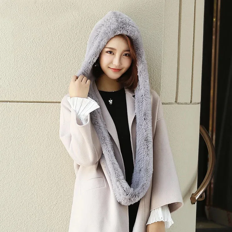 

2017 Real Knitted Rex Rabbit Fur Hat Hooded Scarf Long Winter Warm Fur Hat With Neck Collar Scarves