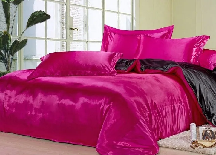 7pcs Black hot pink Silk bedding set satin sheets California king queen full size quilt duvet