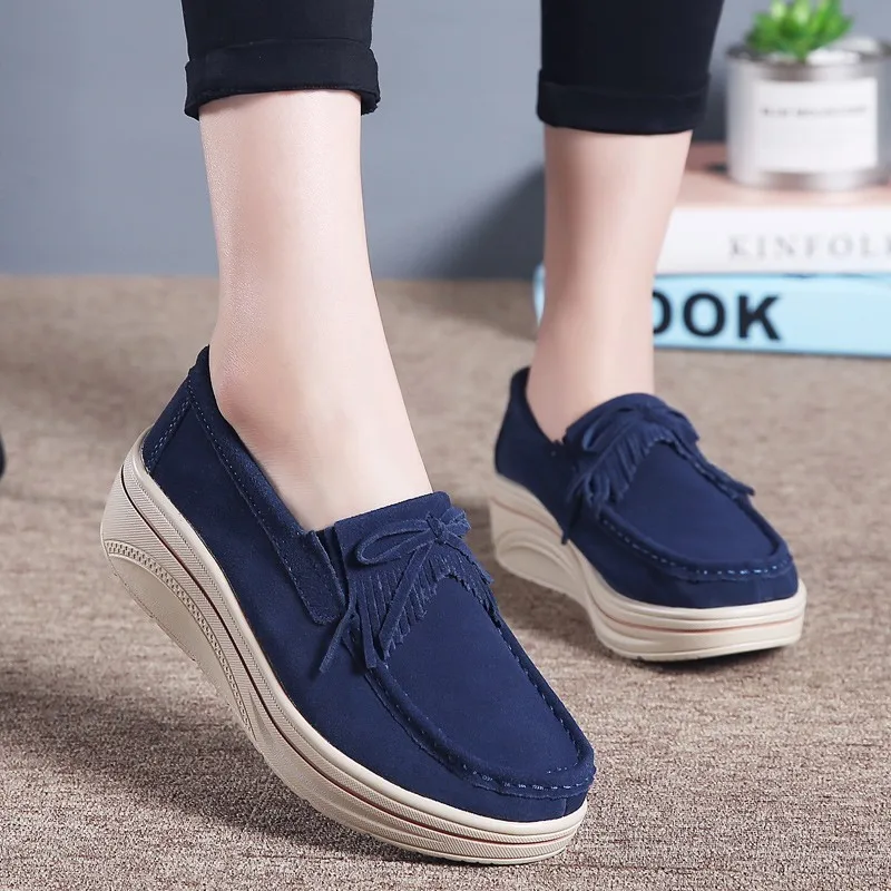 

Cow Suede Leather Flat Shoes Ladies Slip On Platform Shoes For Women 2019 Summer Fashion Bowknot High Heel Wedge Shoes Plus Size