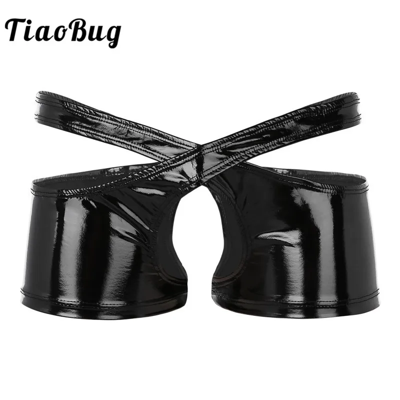 TiaoBug пикантные мужские черные Wetlook искусственная кожа низкой посадкой открытый промежность две симметричные половинки боксер Мужской