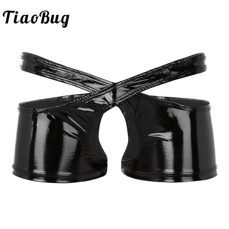 

TiaoBug Sexy Men Black Wetlook Faux Leather Low Rise Open Crotch Two Symmetrical Halves Boxer Male Underwear Panties Set
