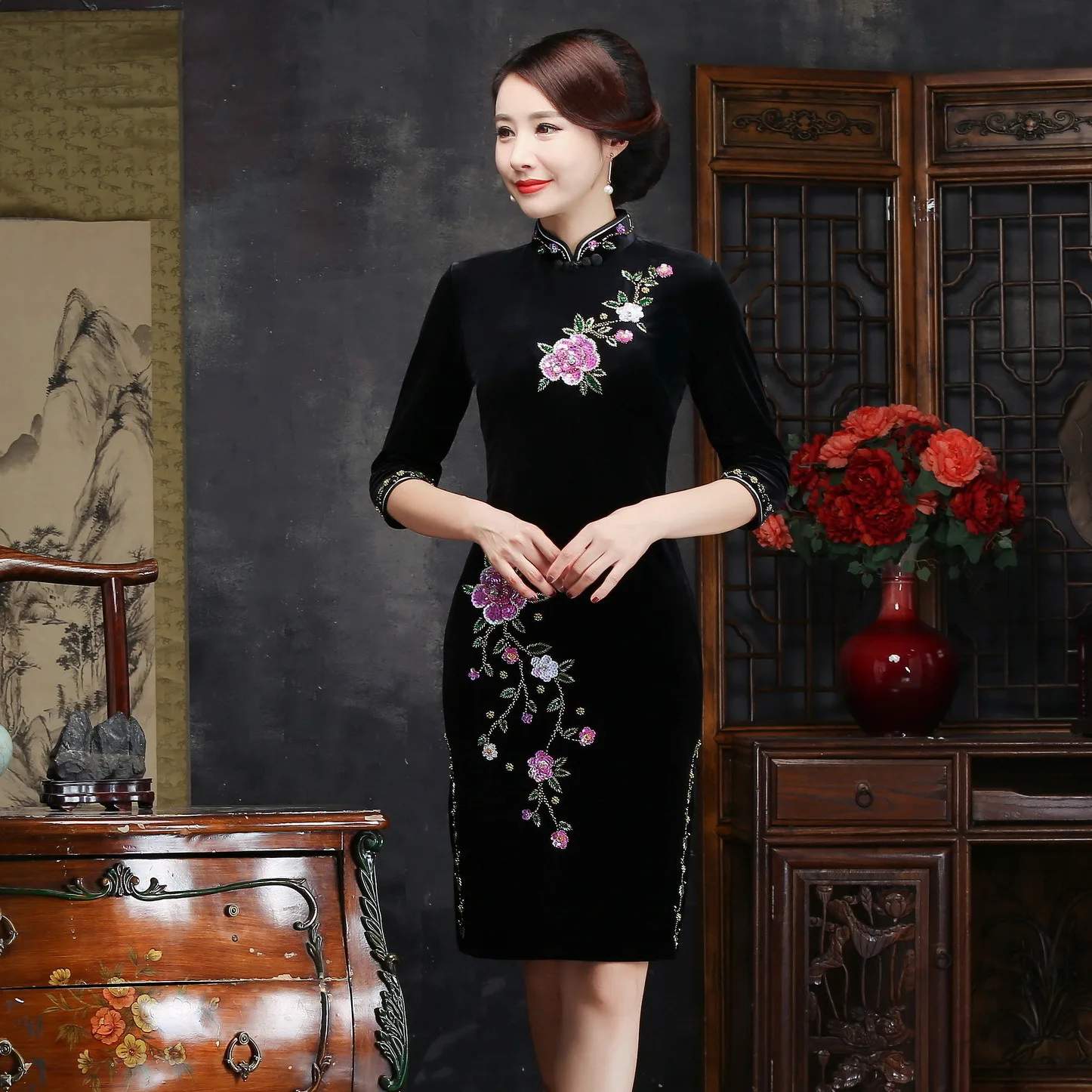 Осень зима для женщин вышивка Qipao пикантные высокие разделение Cheongsam Oversize 3XL 4XL Винтаж ручной работы и пуговицы платье Vestiidos